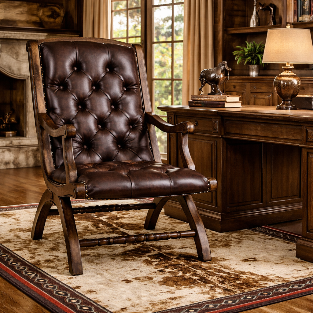 burnished leather tufted reading chair with nailhead trim in ranch office setting on Cowhide Spotted Vaquero Western Rug with wood desk and lamp