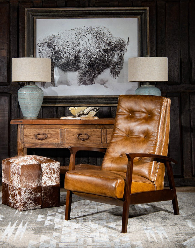 Tufted Burnished Leather Recliner Cowhide Ottoman and Buffalo Art - American made home furnishings - Your Western Decor