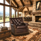 Custom made dark brown leather swivel glider chair with tufted back, nail trim and fringe in a large open ranch themed living space 