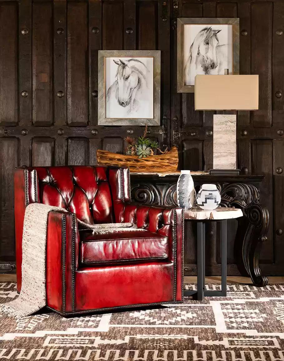 Tufted Burnished Red Leather Swivel Chair made in the USA - Your Western Decor