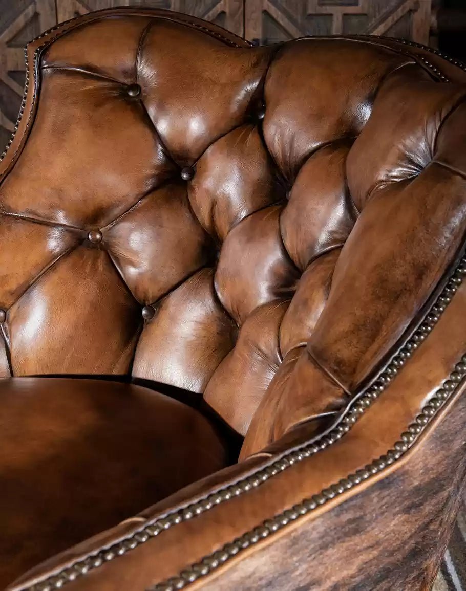 American made Brindle Cowhide & Tufted Leather Swivel Glider - Your Western Decor