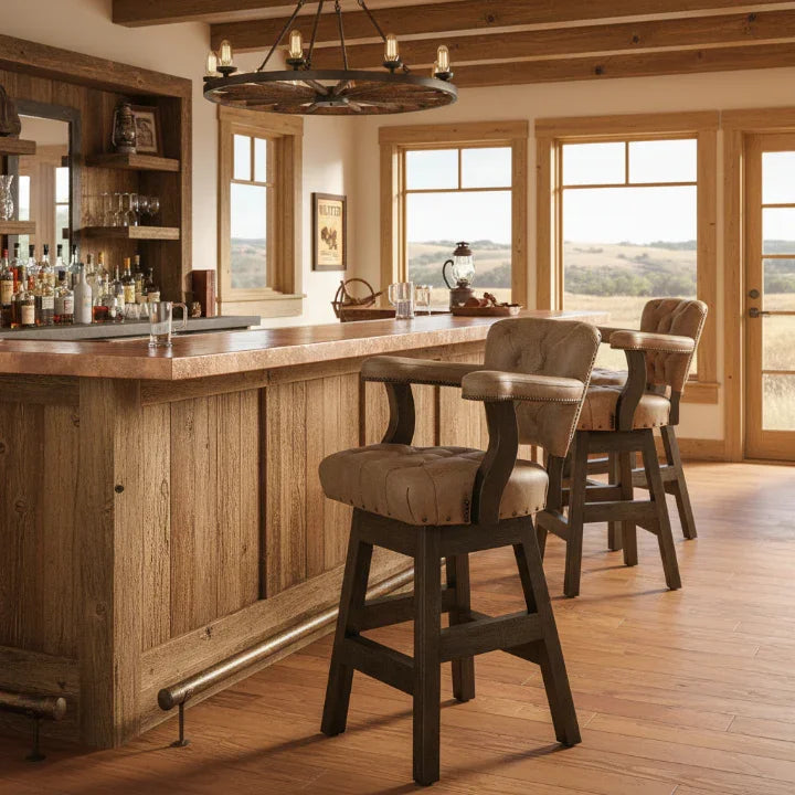 Wooden bar with stools in a rustic setting with large windows - Your Westen Decor