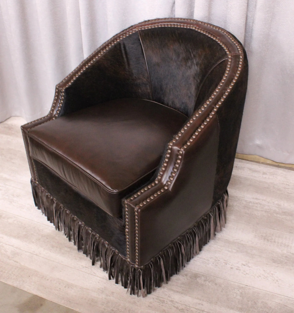 Tulsa King Leather Swivel Chair in cowhide and leather with fringe - Your Western Decor