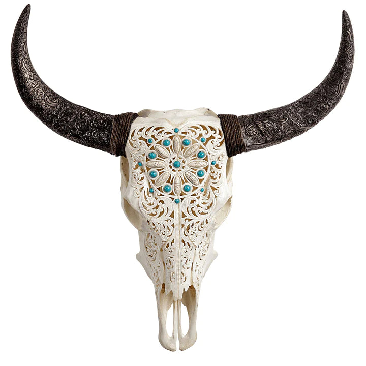 Turquoise Beaded Carved Steer Skull with carver horns - Your Western Decor