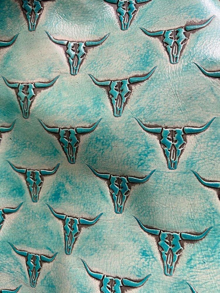 Turquoise leather with embossed longhorn skulls - Your Western Decor