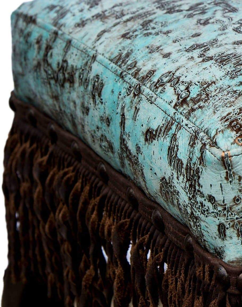 Fancy western bar stool with embossed turquoise leather and fringe. Alder wood frame. Made in the USA. Your Western Decor