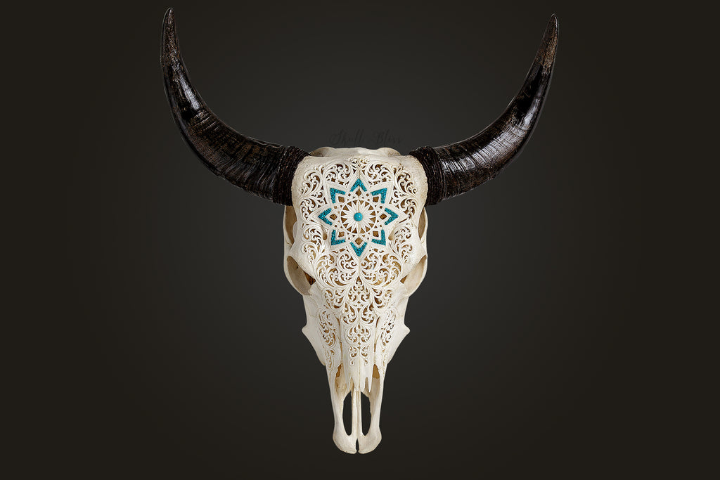 Turquoise medallion carved steer skull wall decor - Your Western Decor