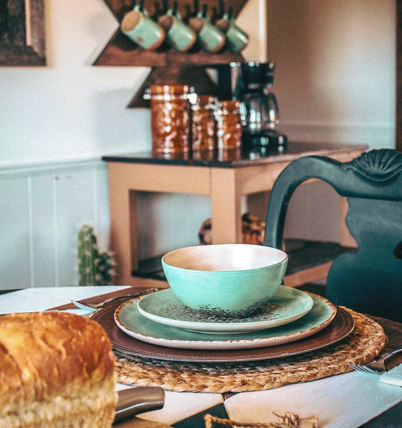 Rustic turquoise ceramic dish set with copper distressing