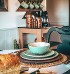 Rustic turquoise ceramic dish set with copper distressing
