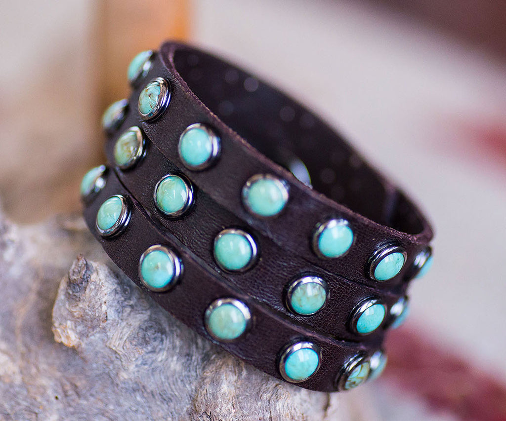 Turquoise Stone & Leather Cuff Bracelet hand crafted in Texas - Your Western Decor