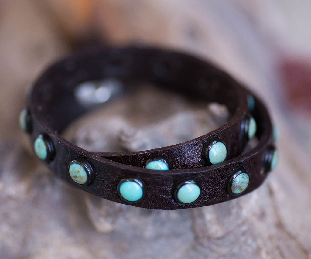 Turquoise Stone & Leather Double Wrap Bracelet in dark brown leather - Handmade in the USA - Your Western Decor