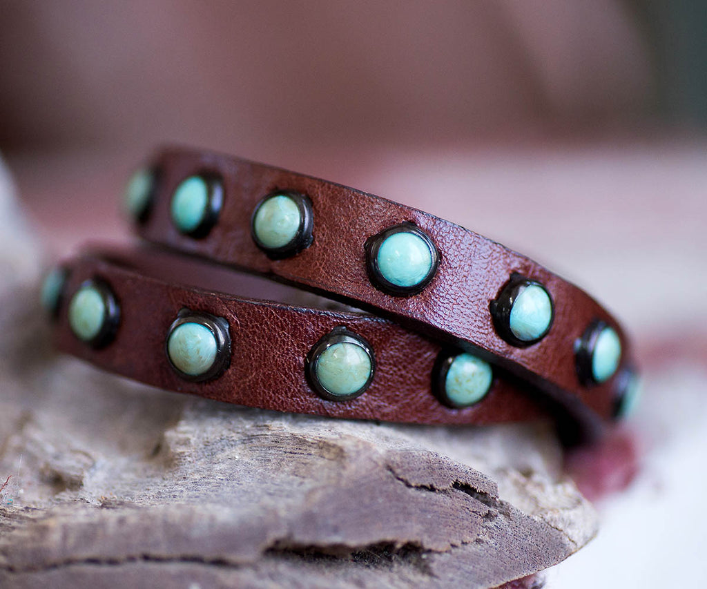 American made, handmade Turquoise Stone & Leather Double Wrap Bracelet in brandy leather - Your Western Decor