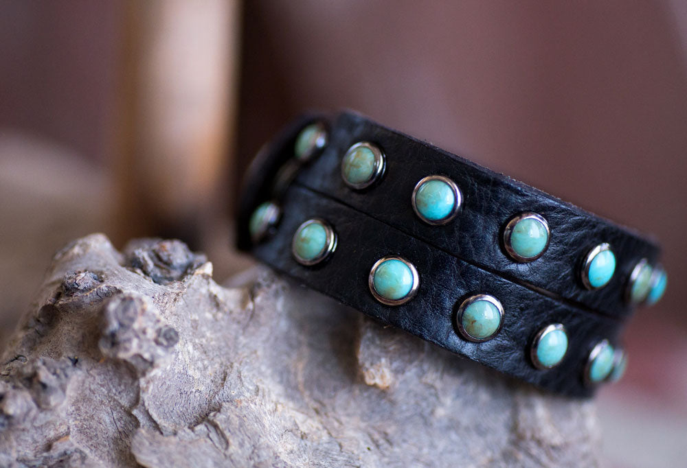 Turquoise Stone Double Band Cuff Bracelet in black leather, handcrafted in Texas - Your Western Decor