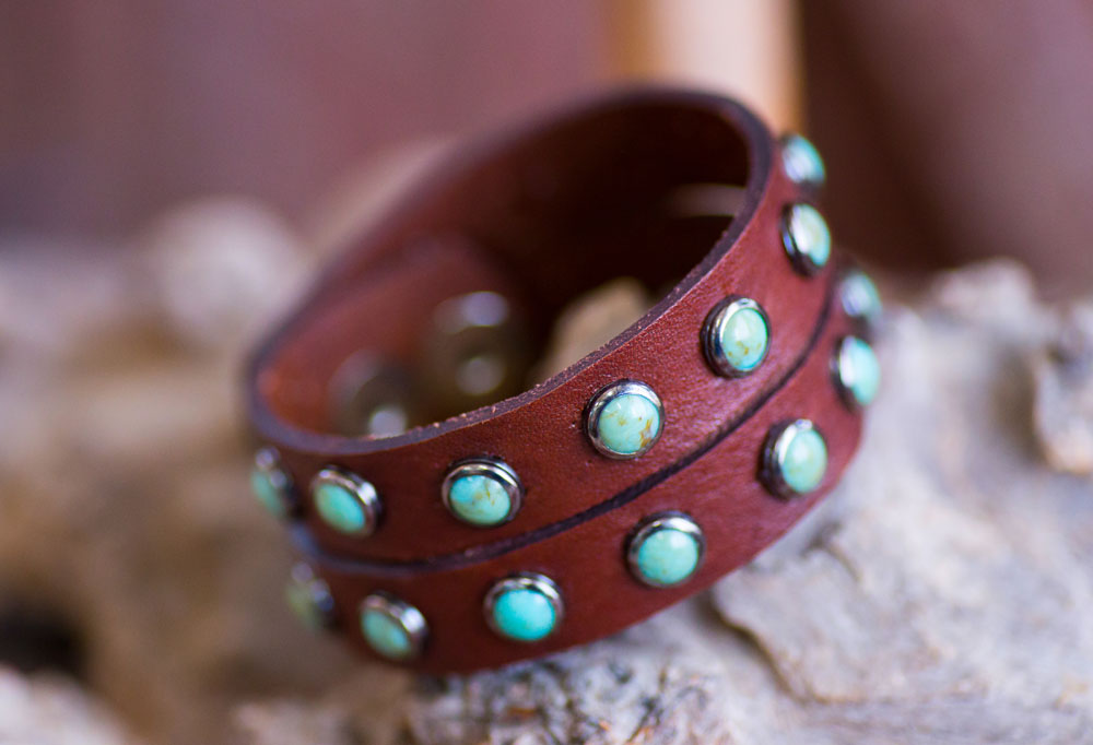 Turquoise Stone Double Band Cuff Bracelet in brandy leather, handcrafted in Texas - Your Western Decor