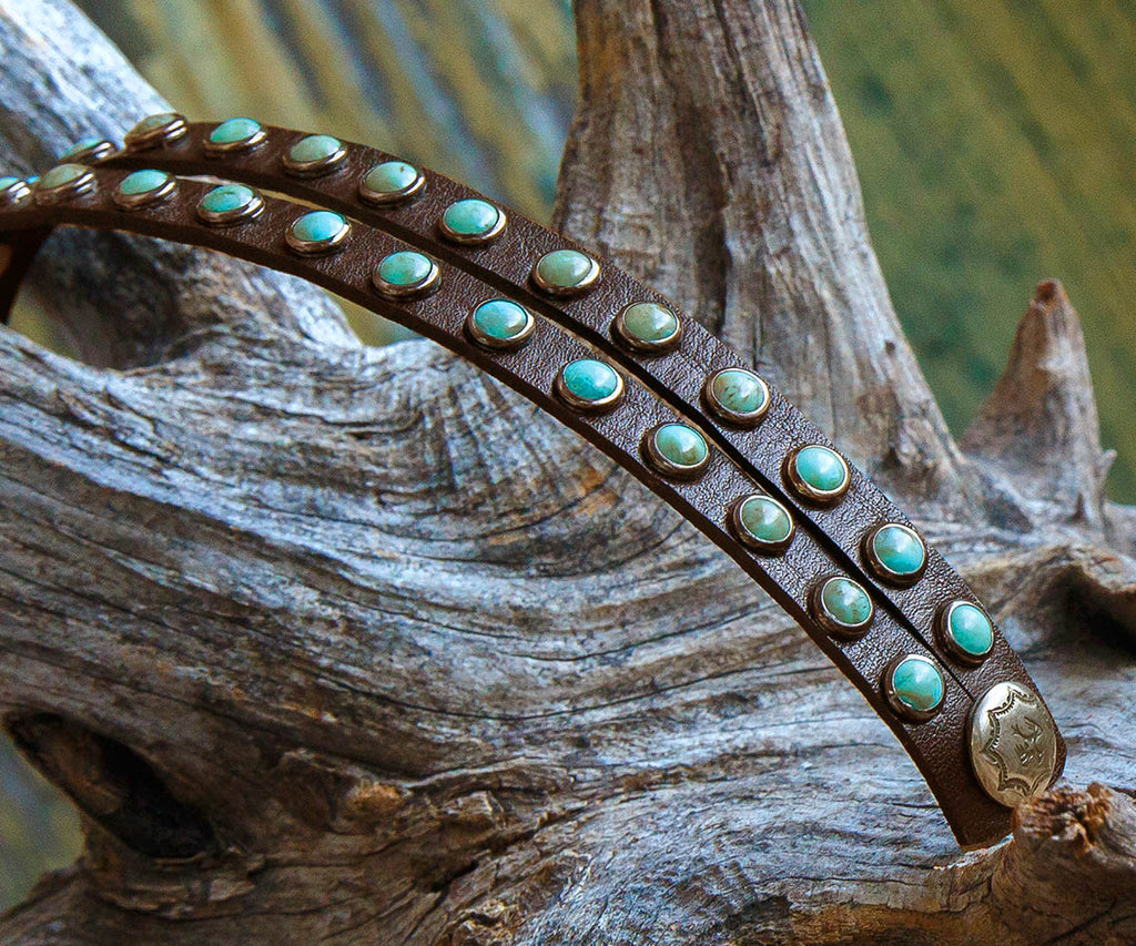 Turquoise Stone Double Band Cuff Bracelet in black leather, handcrafted in Texas - Your Western Decor