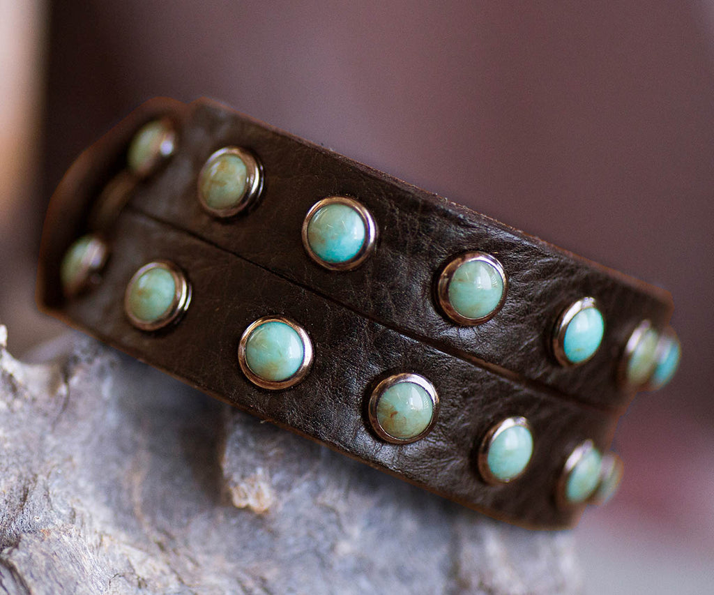 Turquoise Stone Double Band Cuff Bracelet in brown leather, handcrafted in Texas - Your Western Decor