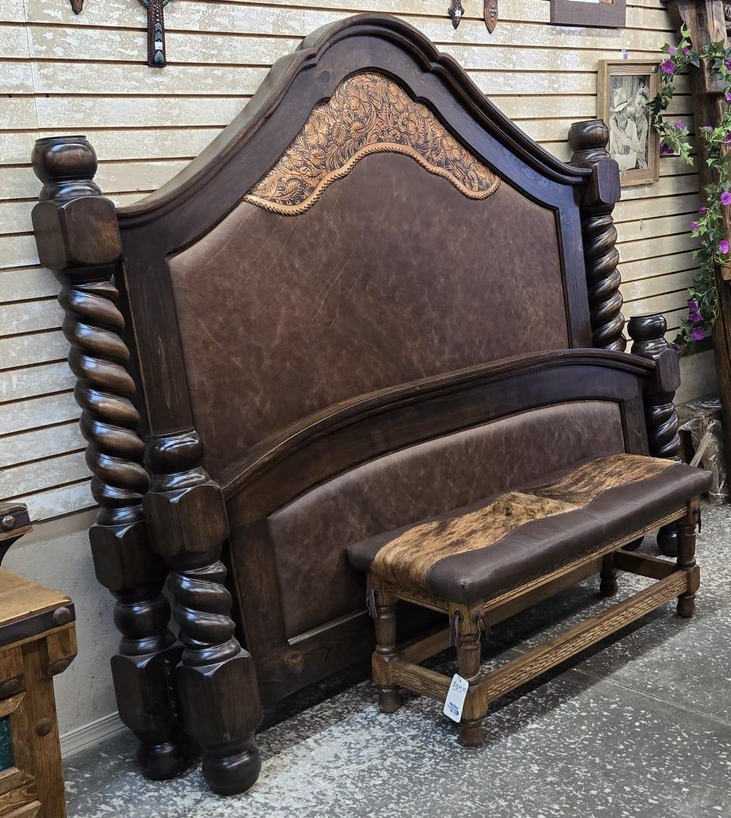 Twisted Barley wood and leather western bed - Your Western Decor