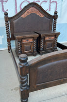 Wooden bed with intricate carvings and nightstands against a plain background - Your Western Decor
