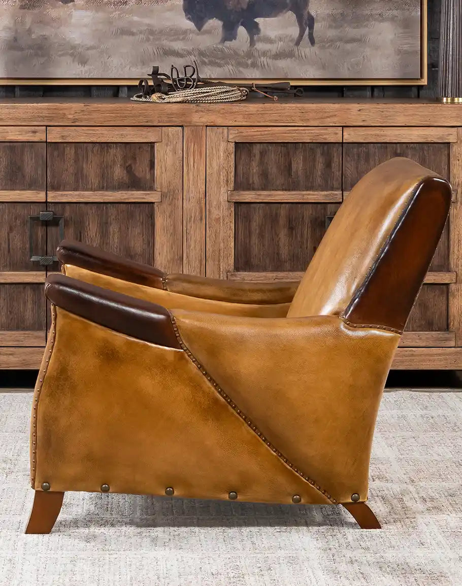 American made Ultimate Western Leather Chair in tan and brown burnished leather - Your Western Decor