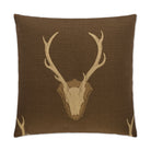 Brown Uncle Buck upholstery fabric pillow featuring repeating stag skull and antler motif, Western lodge style deer pattern fabric for rustic furniture and ranch décor