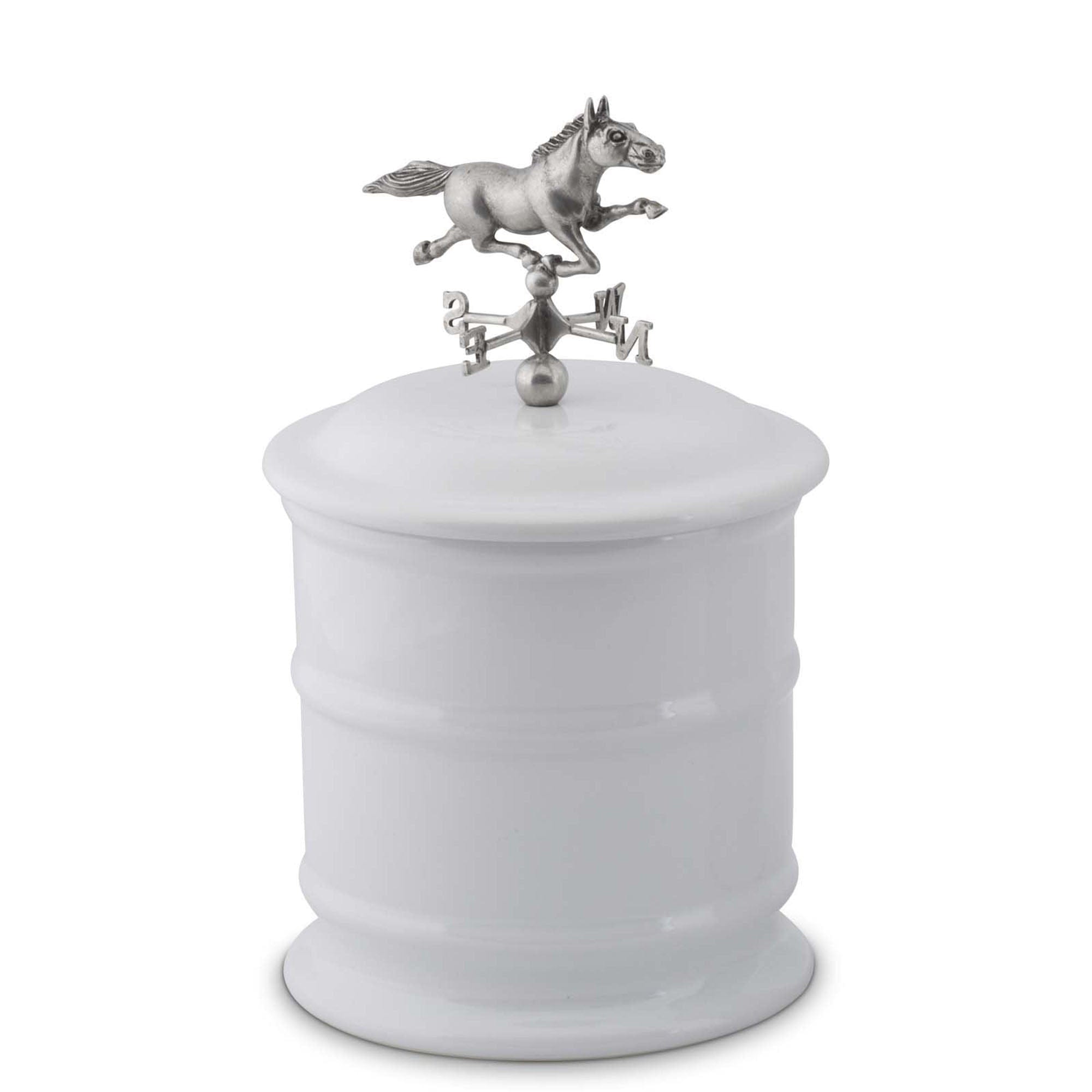 Small white stoneware canister with pewter horse weathervane finial on lid - Your Western Decor 