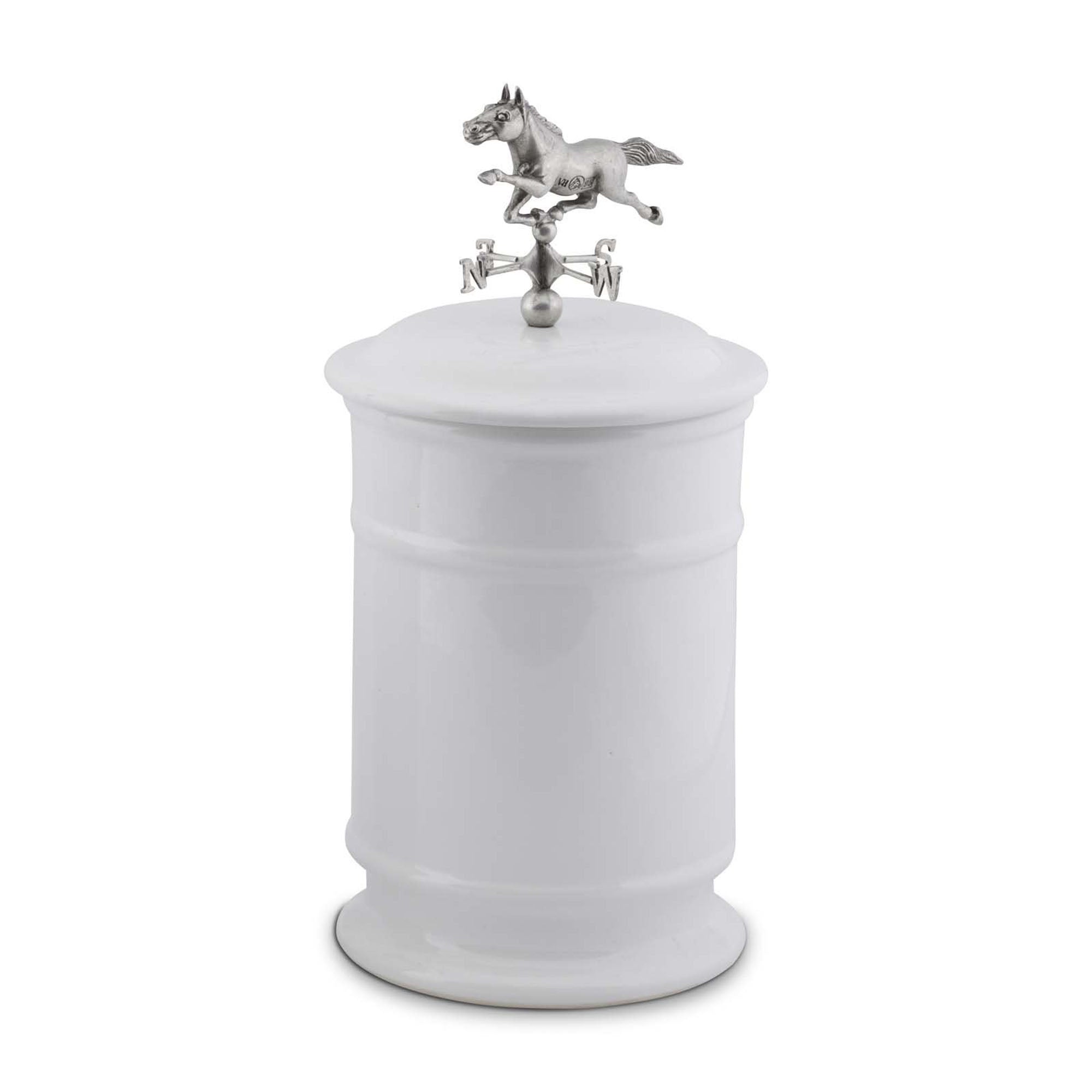 White stoneware canister with pewter horse weathervane finial on lid - Your Western Decor 