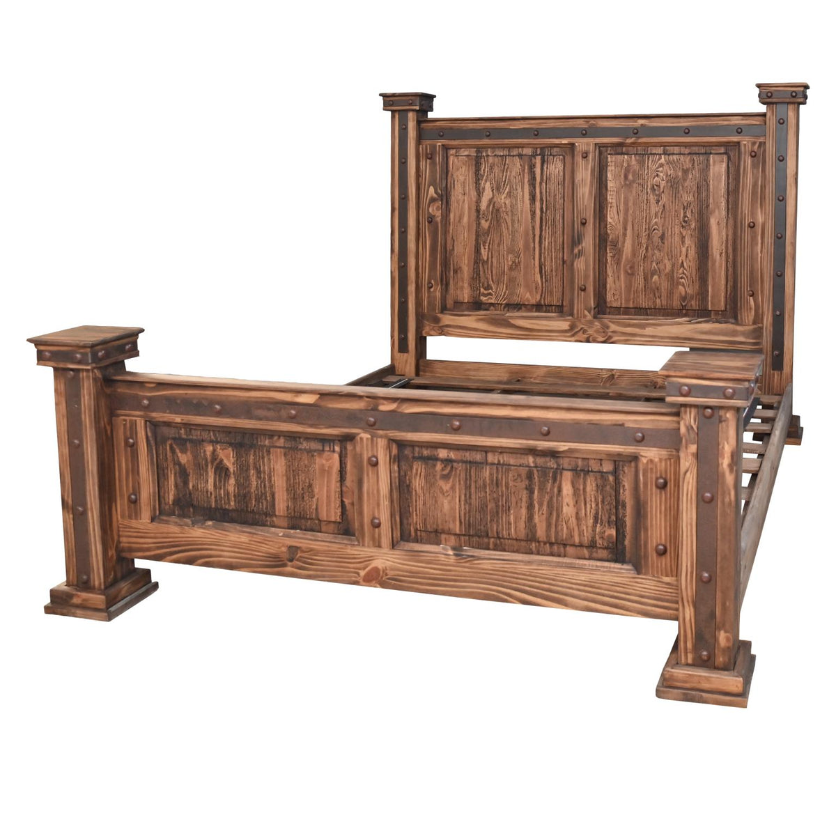 Rustic brown wooden bed frame with distressed finish and metal corner hardware, shown on a plain white background.
