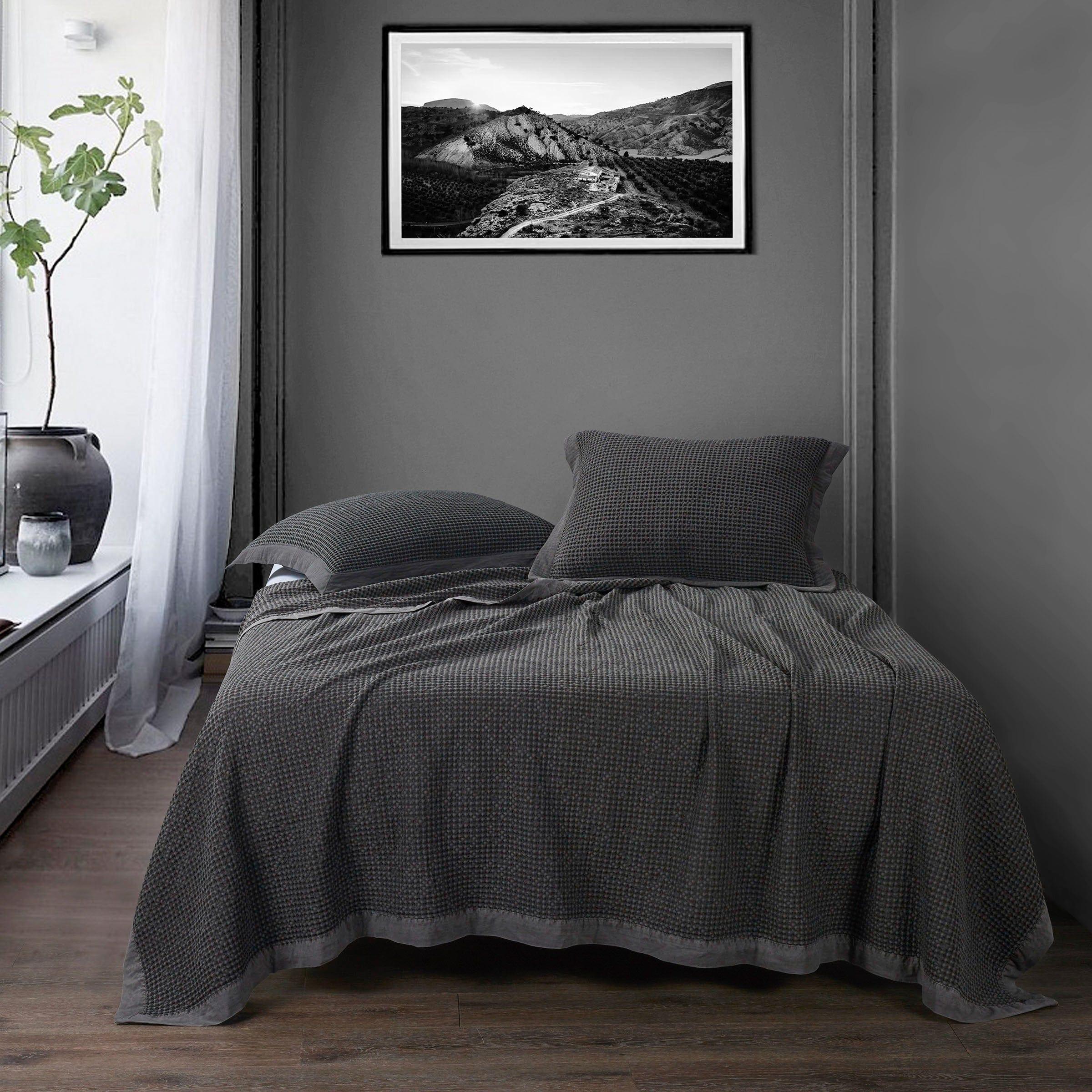 Waffle weave coverlet and pillow shams in dark slate - Your Western Decor