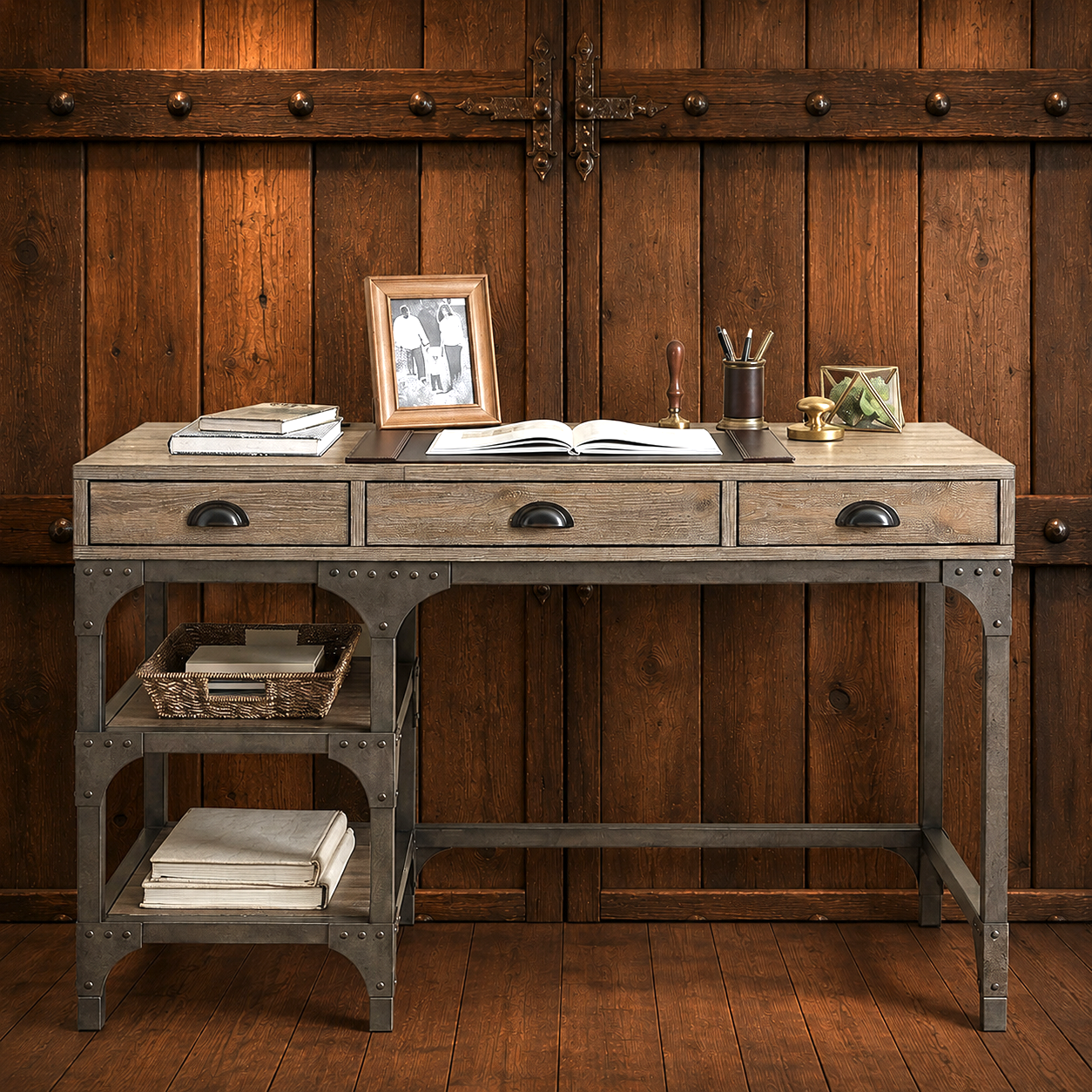 A rustic industrial-style writing desk with three drawers and open lower shelves, styled with books, an open book, a framed picture, and stationery against a dark wood paneled wall.
