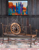 Rustic Western Pioneer Trails Bench with Wagon Wheel and Forged Iron Frame - Your Western Decor