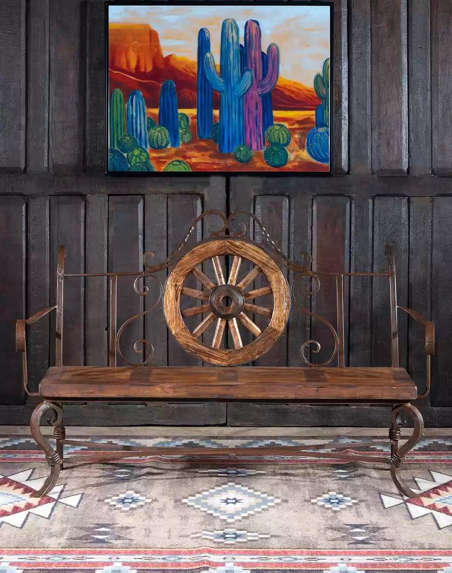 Rustic Western Pioneer Trails Bench with Wagon Wheel and Forged Iron Frame - Your Western Decor