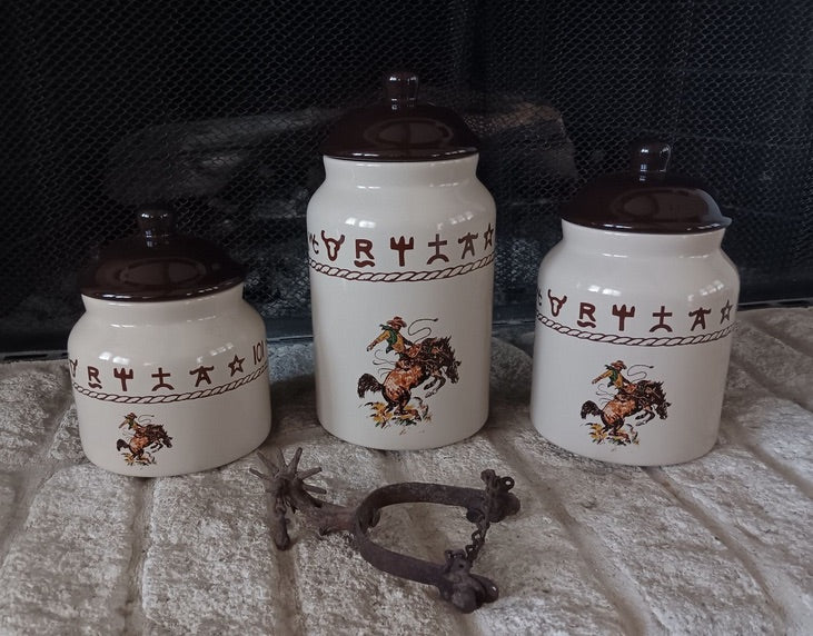 western ceramic canister set with bronc rider design and rope detail airtight kitchen storage jars set of three