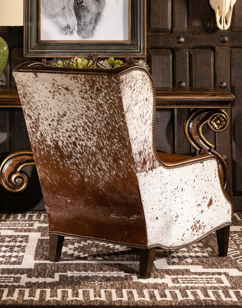 Western Leather & Cowhide Wingback Chair - Cowhide back detail - Your Western Decor