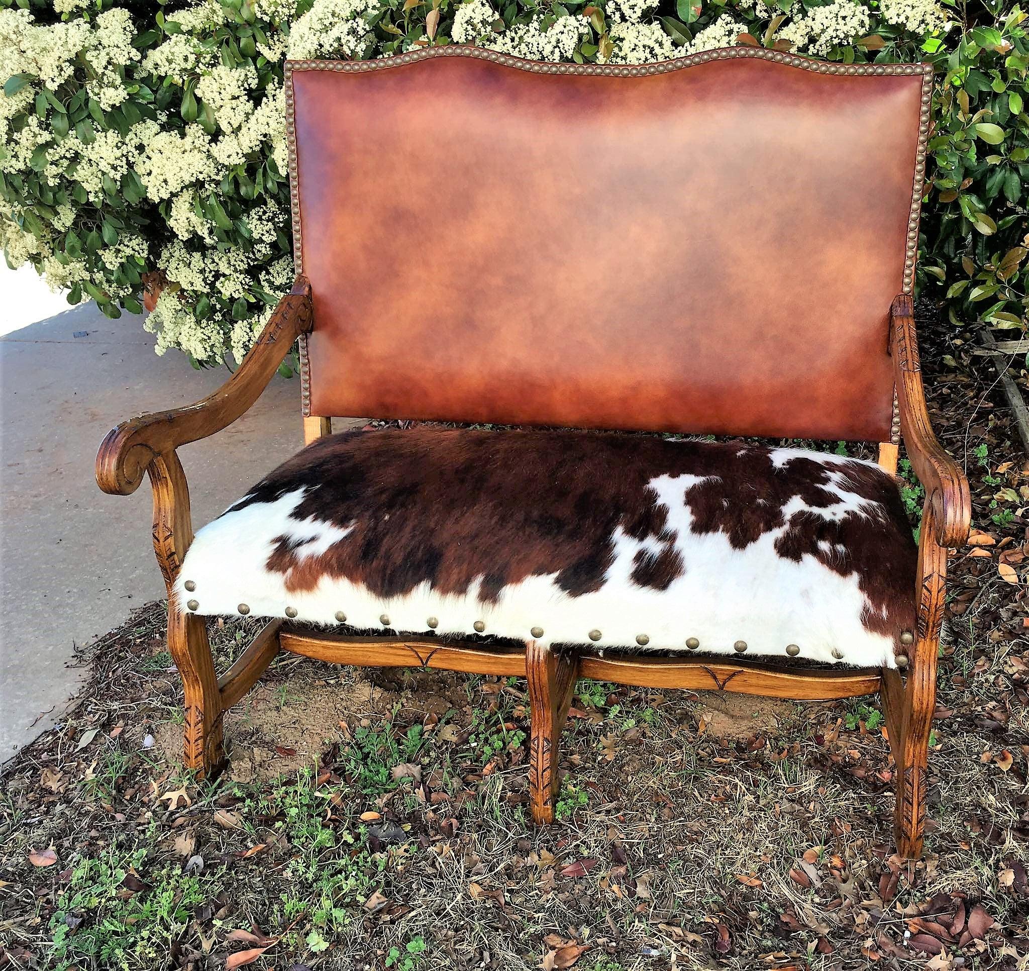 Smooth brown leather and tri color cowhide Regency settee made in the USA - Your Western Decor