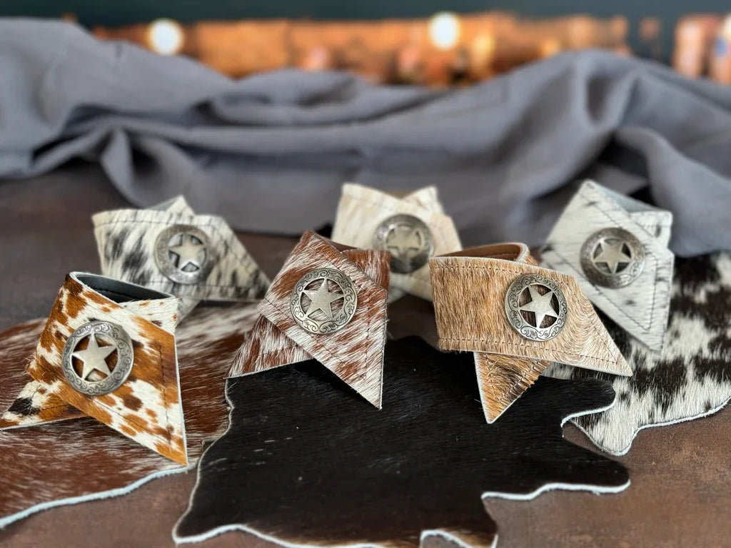 cowboy table decor napkin rings made from genuine cowhide with Texas star metal conchos