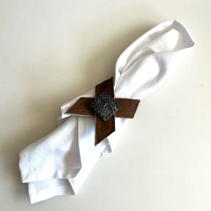 Light Brown Cowhide Napkin Rings with Longhorn concho handmade by Your Western Decor Pilot Rock Oregon