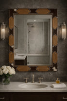 American-made Western cowhide wall mirror styled above vanity in luxury lodge powder room
