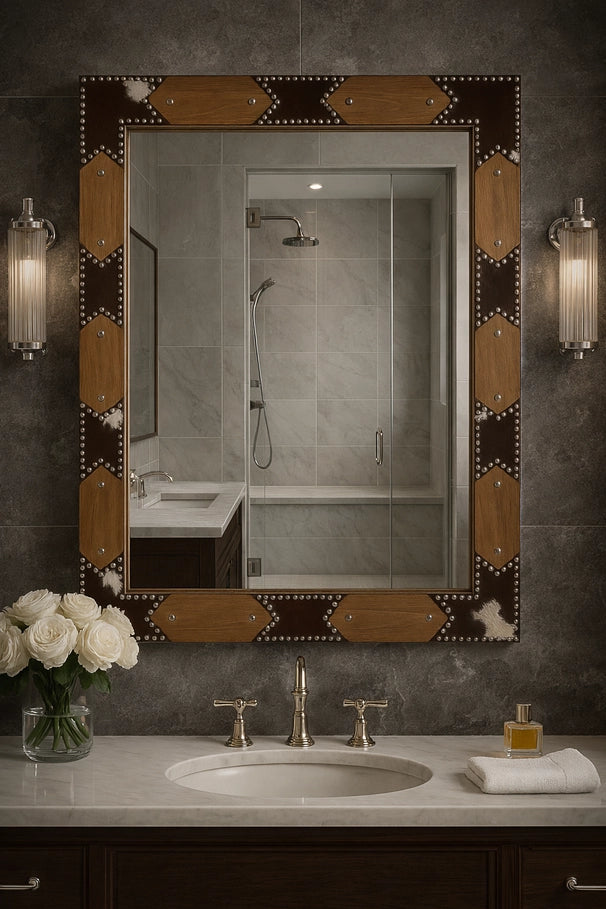 American-made Western cowhide wall mirror styled above vanity in luxury lodge powder room