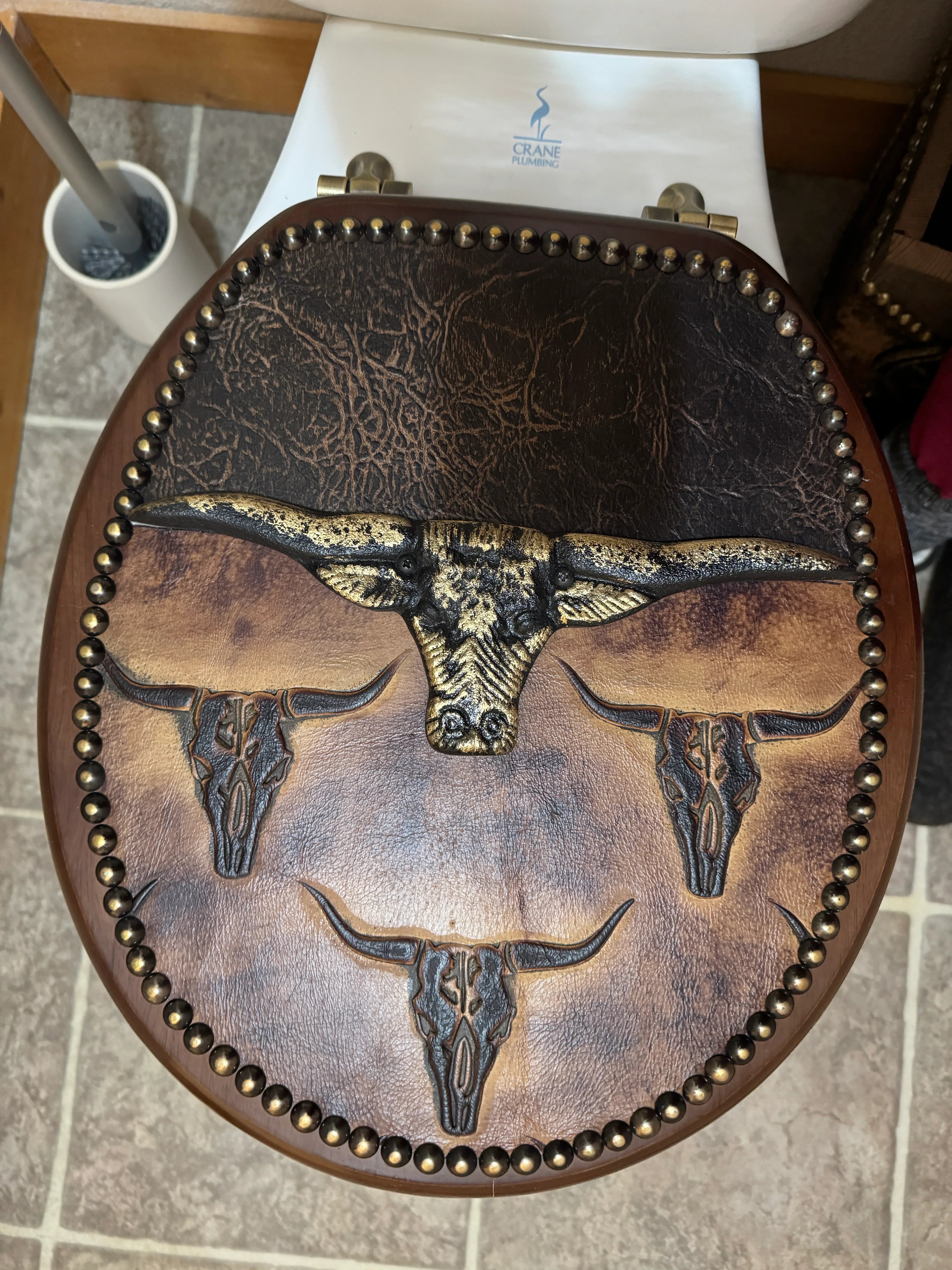 Handmade, custom made, American made Longhorn & Leather Deco Toilet Seat