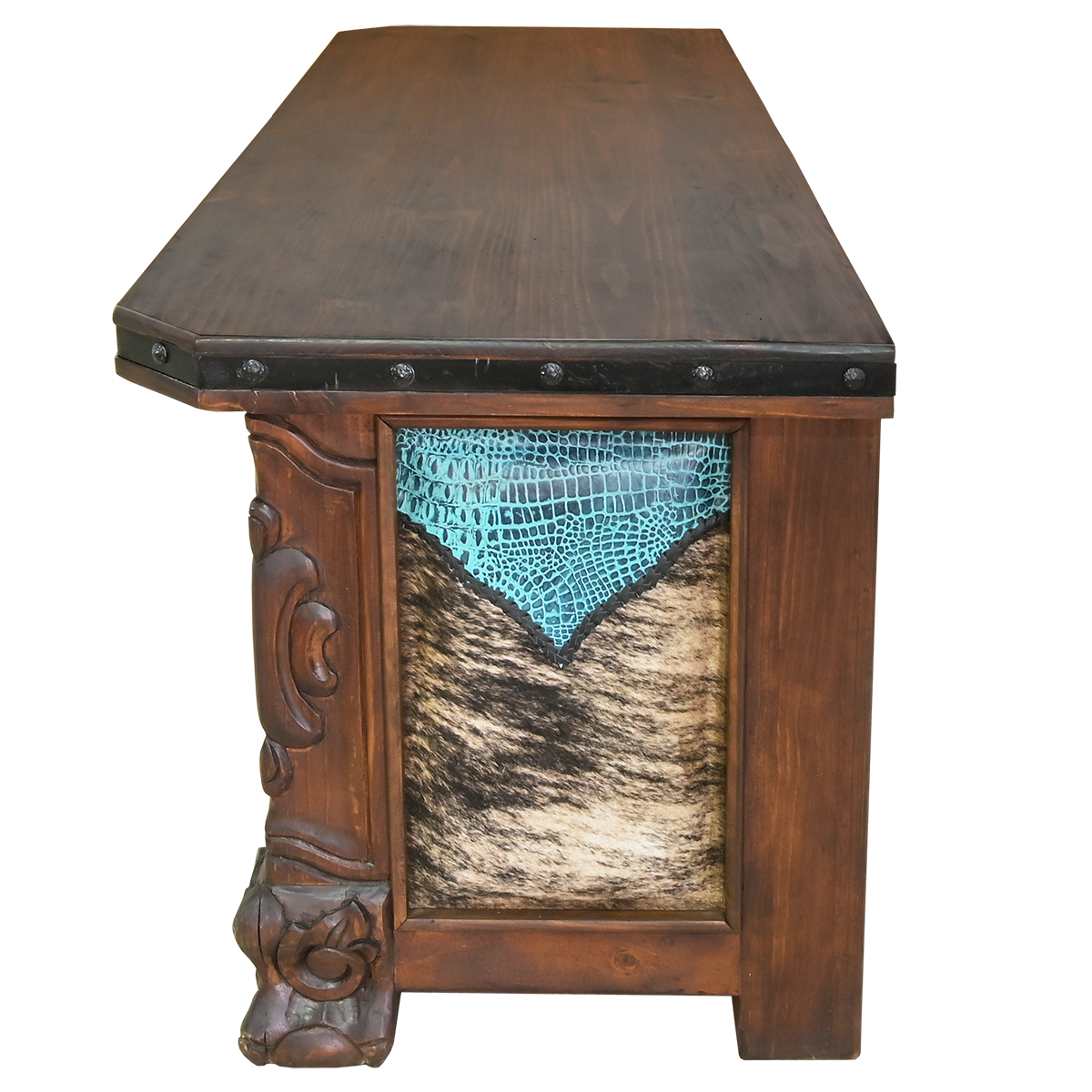 Carved western desk end with cowhide and leather upholstery handmade in Mexico - Your Western Decor