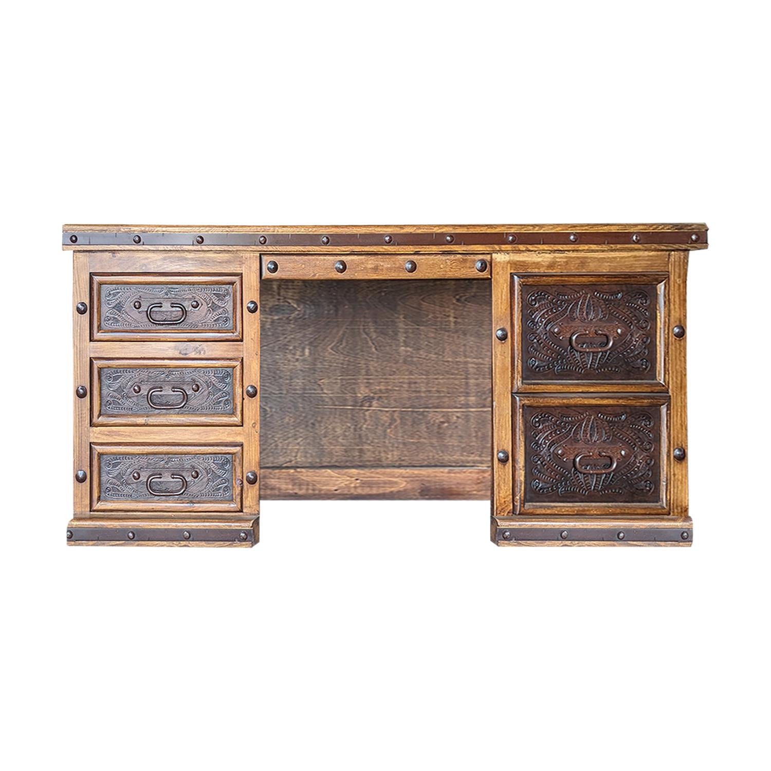 Western desk with wood carvings, tooled leather panels, marble top, and iron with clavos accents - Your Western Decor