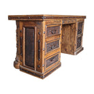 Western desk with wood carvings, tooled leather panels, marble top, and iron with clavos accents - Your Western Decor