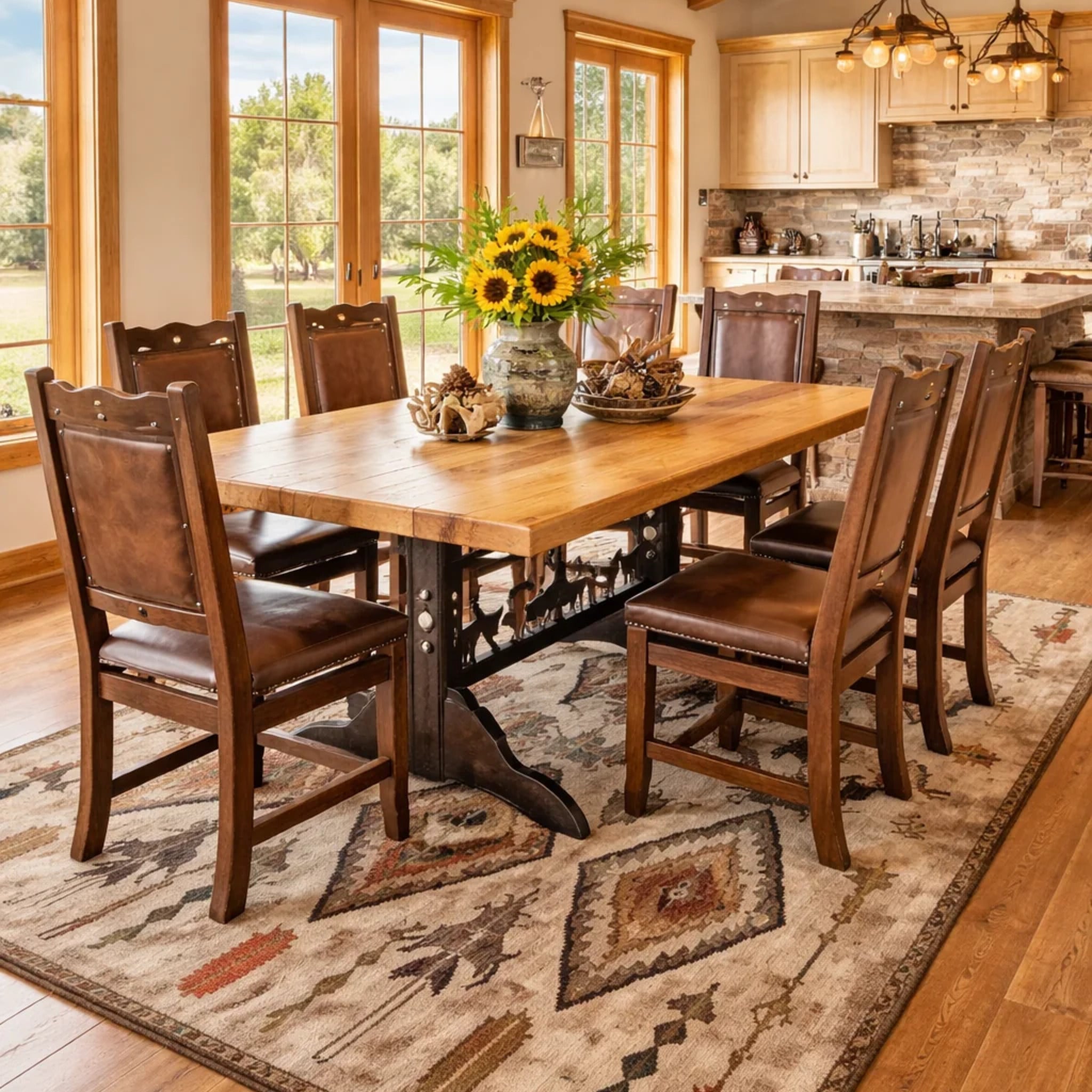A rustic wooden dining table with six matching brown leather dining chairs, set on a Father's Eye area rug in a warm, sunlit dining room with large windows and a kitchen in the background.