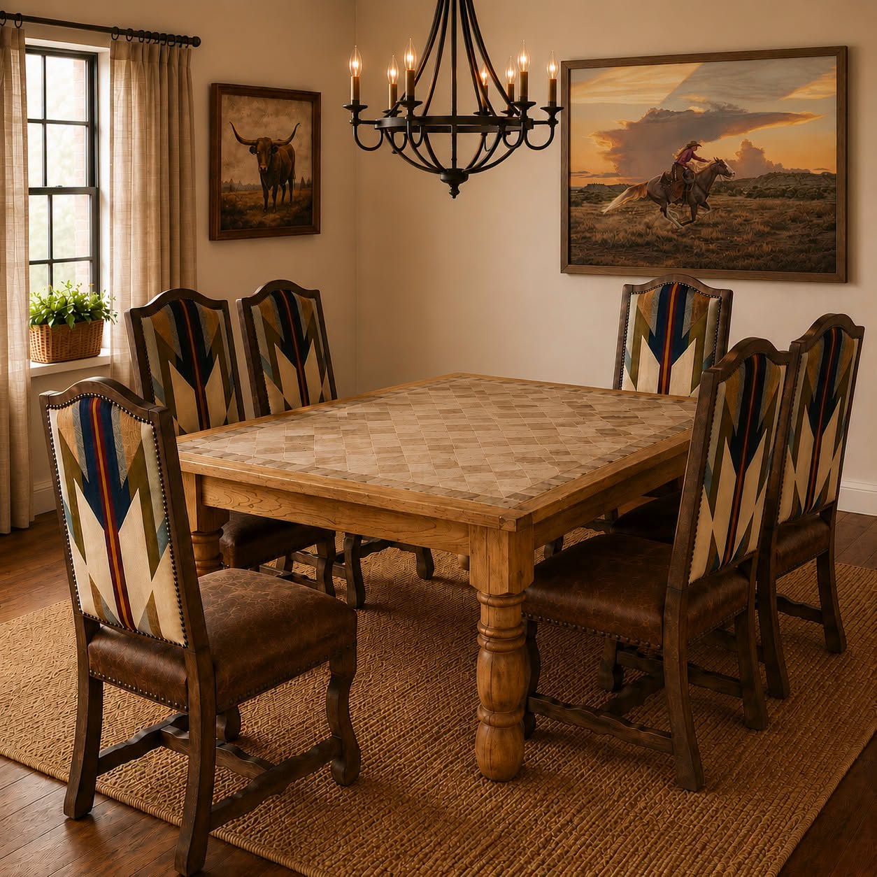 Western dining room with Glorious Freedom Canvas Art, Wyeth Trails Dining Chairs, and Lonestar Stone Inlay Dining Table. 