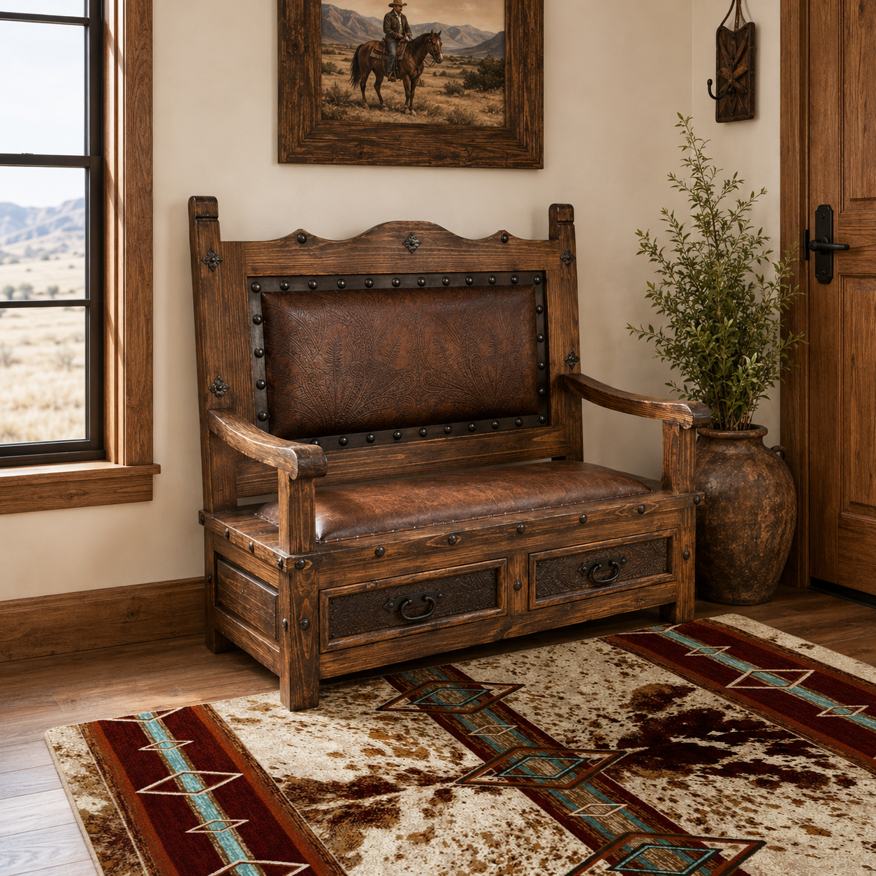 Tooled leather storage bench displayed in bright Western ranch entryway