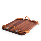 Pewter longhorn and leather handle Acacia wood serving tray - Your Western Decor