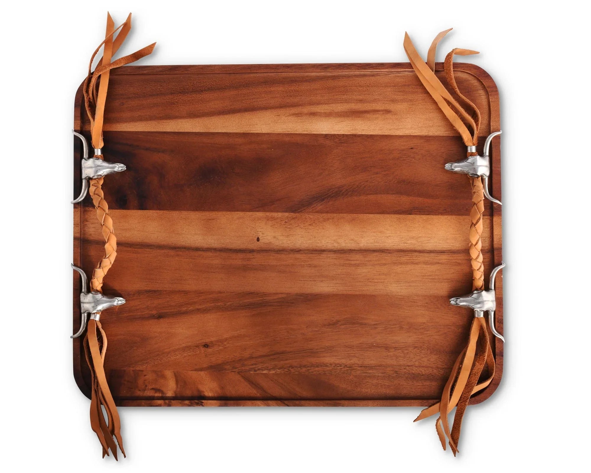 Wooden tray with leather straps and metal clasps on a white background