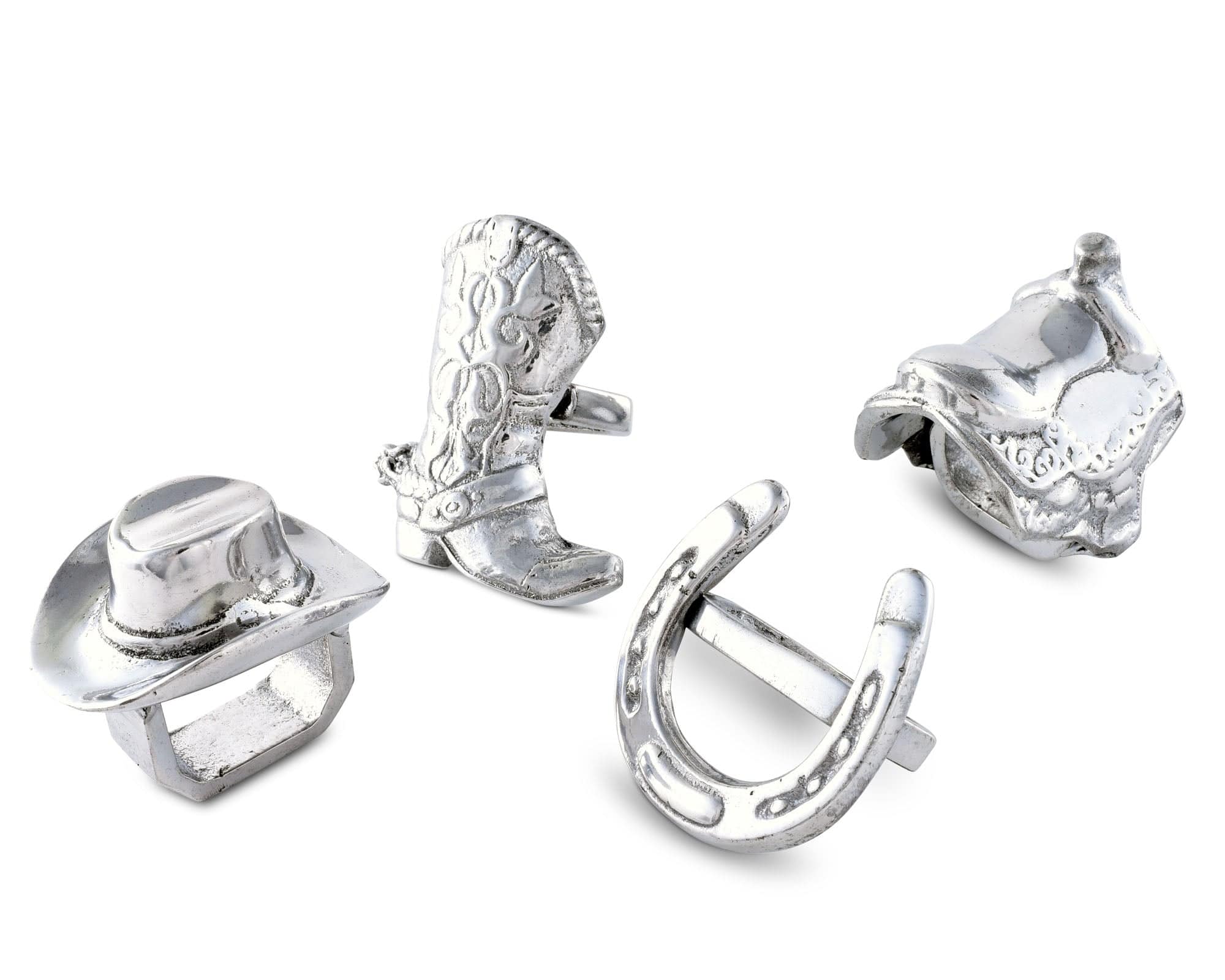 Set of four aluminum western napkin rings, boot, saddle, hat, and horseshoe - Your Western Decor