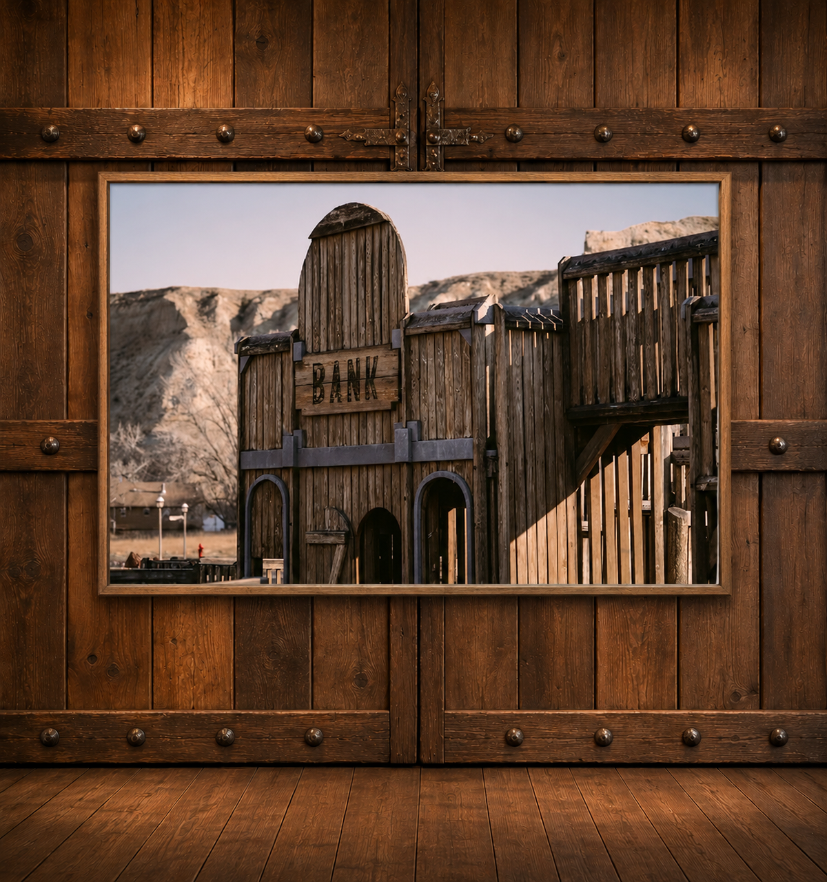 Western ghost town bank canvas art by Adam Mowrey featuring a weathered wooden facade, bank sign, and rugged hills in an oak-look floater frame hanging on a rustic wood wall 