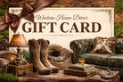 Western-themed gift card with boots, lamp, and couch on a wooden table - Your Western Decor